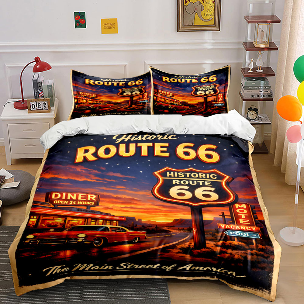 Duvet Cover Sets With Zipper - Nostalgic Night on Route 66 Pattern