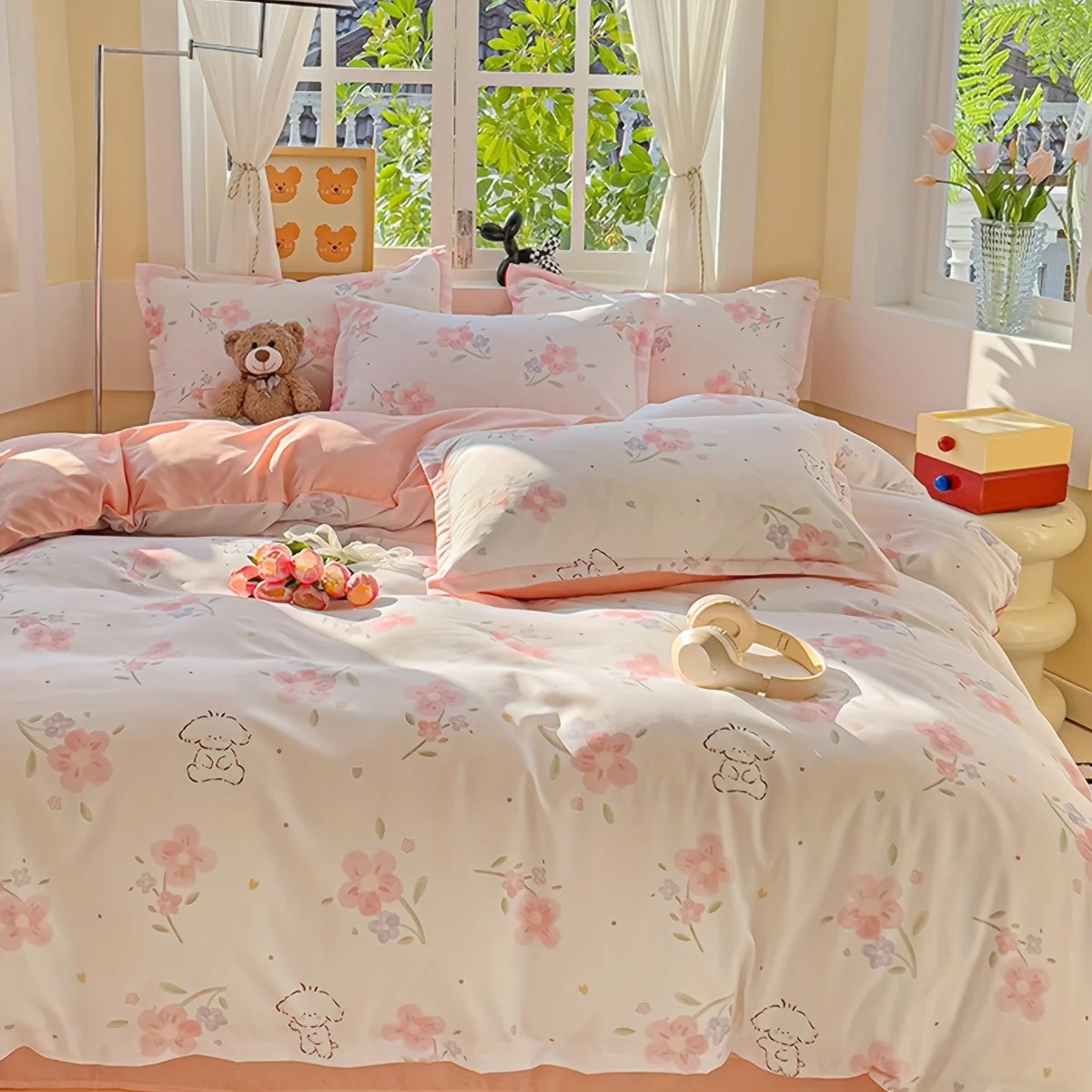 4Pcs Soft Plain Floral Plant P - Duvet Cover Sets With Zipper recension och pris