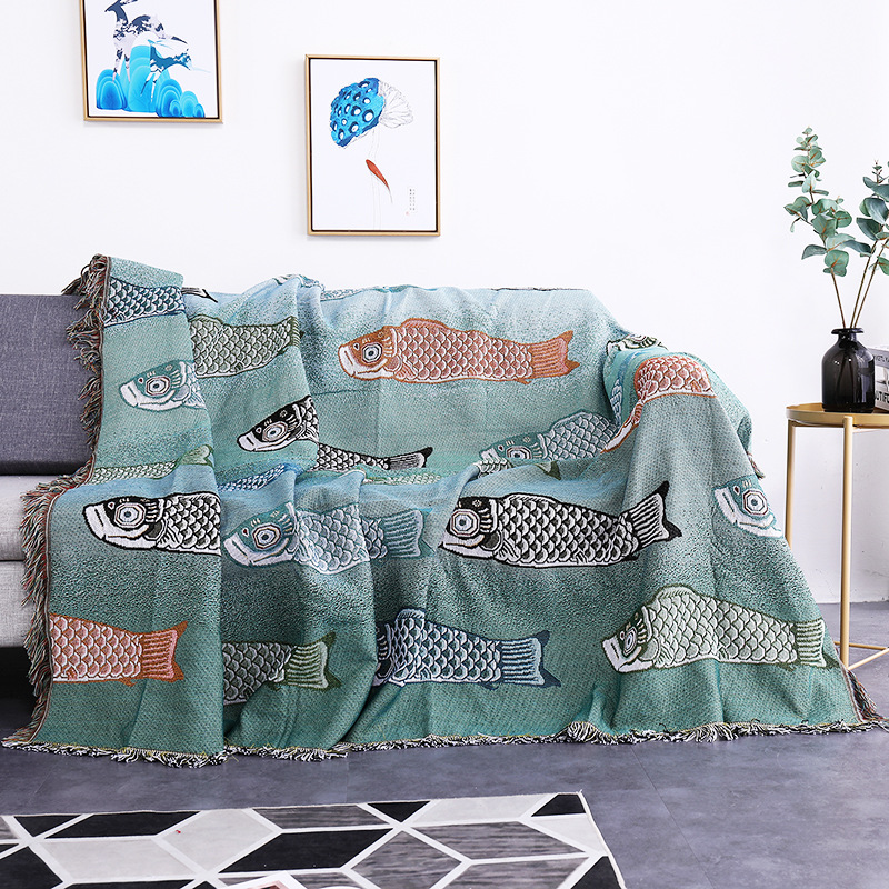 Koi Fish Jacquard Woven Throw  - Boho Throw Blanket Fringe recension och pris