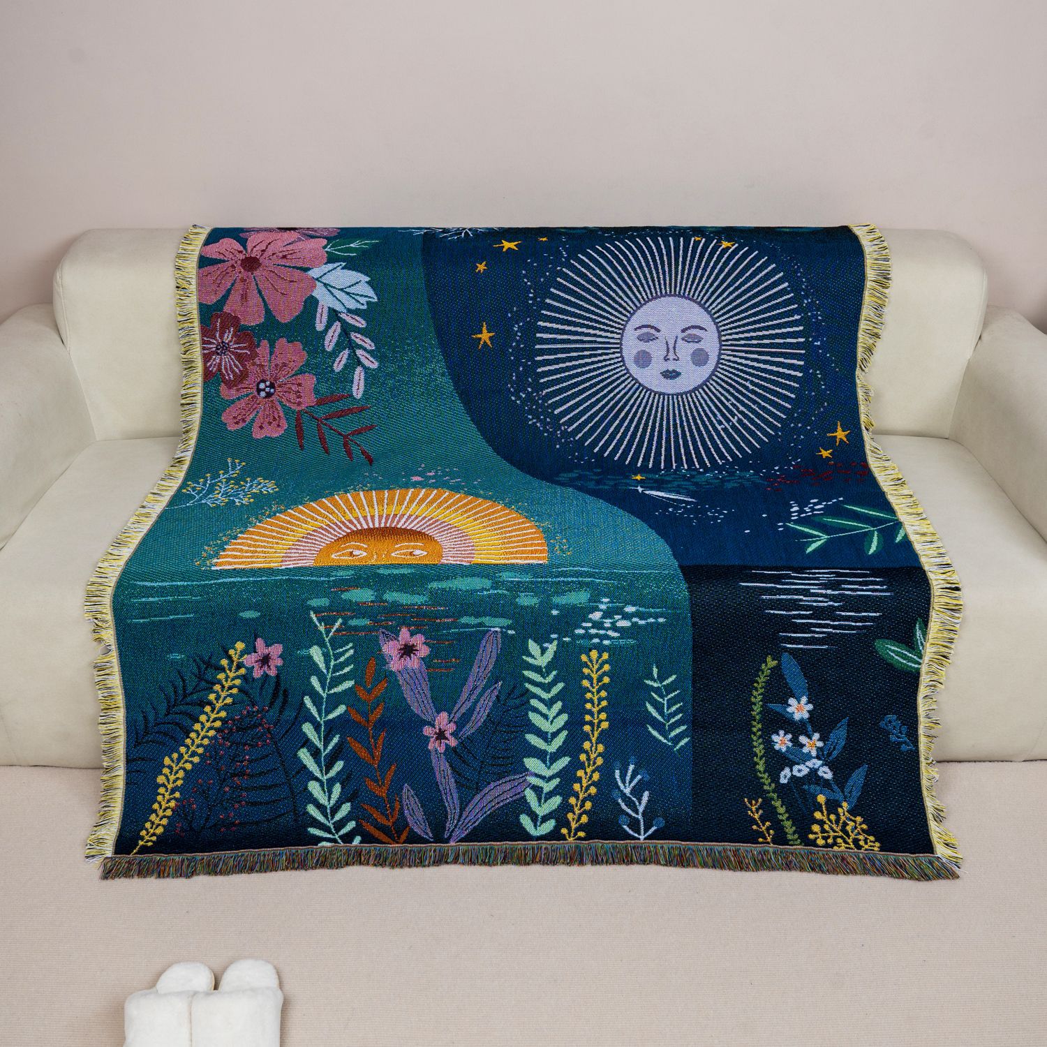 Celestial Sun Moon Woven Tapes - Boho Throw Blanket Fringe recension och pris